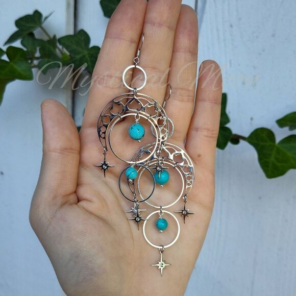 Boho Celestial Crescent Moon Dangle Earrings with Turquoise Gemstone Beads - Picture 4 of 5
